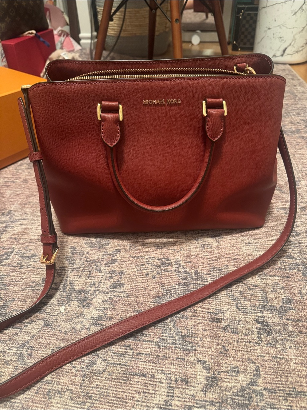 Michael Kors Burgundy Saffiano Leather Satchel with Gold Hardware